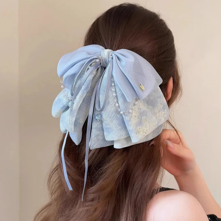 浪漫玫瑰印花网纱蝴蝶结发夹女2025法式水晶珍珠马尾夹高级感抓夹