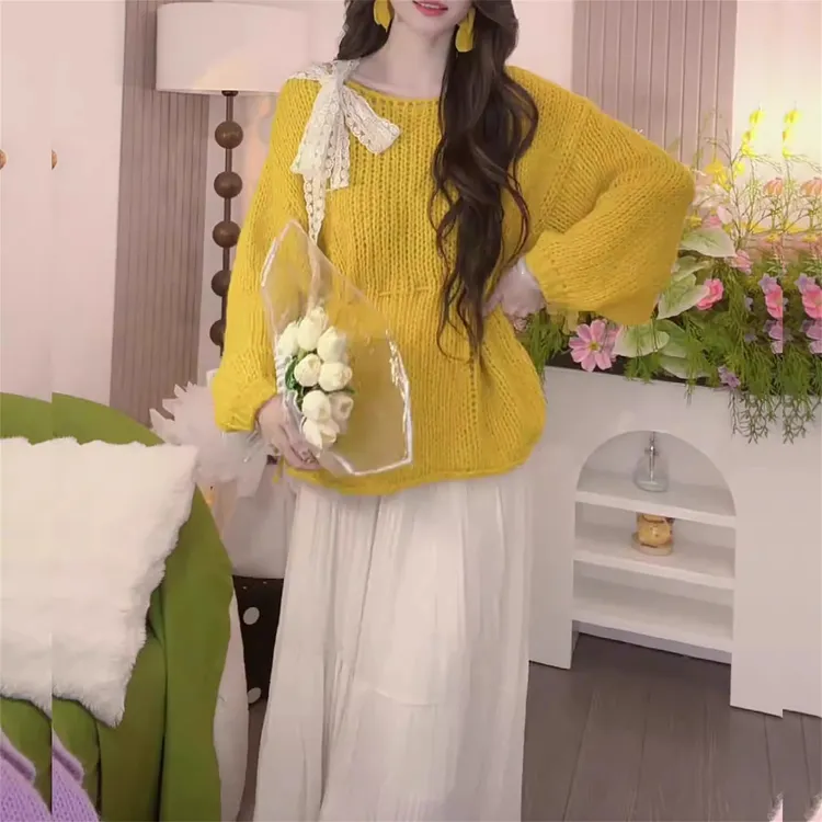大码甜美温柔慵懒风针织衫毛衣女早秋新款胖mm宽松系带巨显瘦上衣