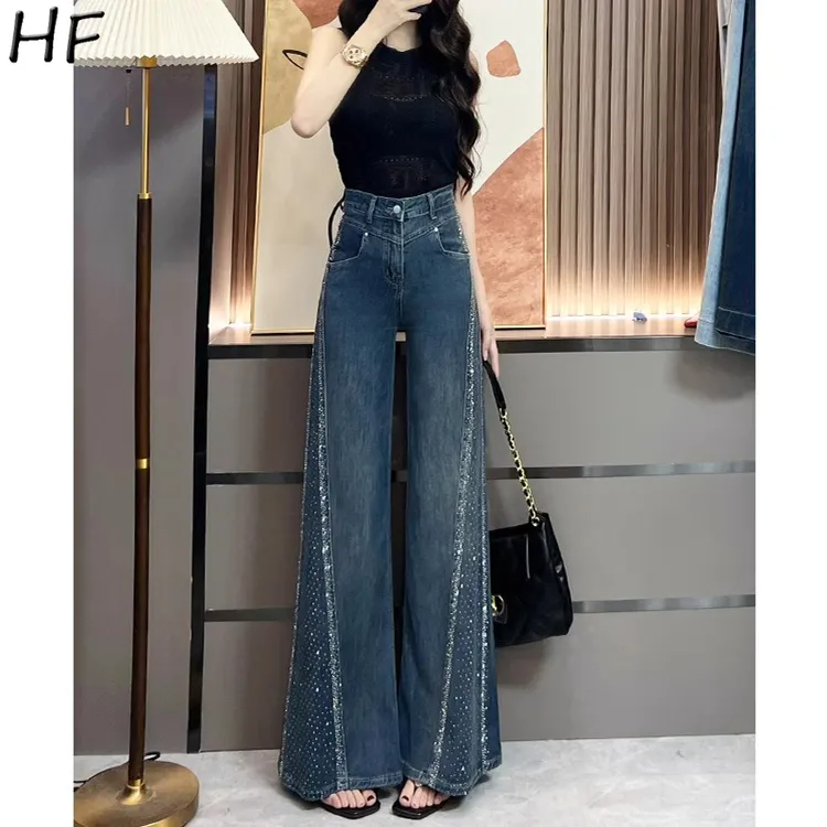 烫钻阔腿喇叭牛仔裤女2025年春夏新款时尚辣妹宽松水洗蓝直筒裤子