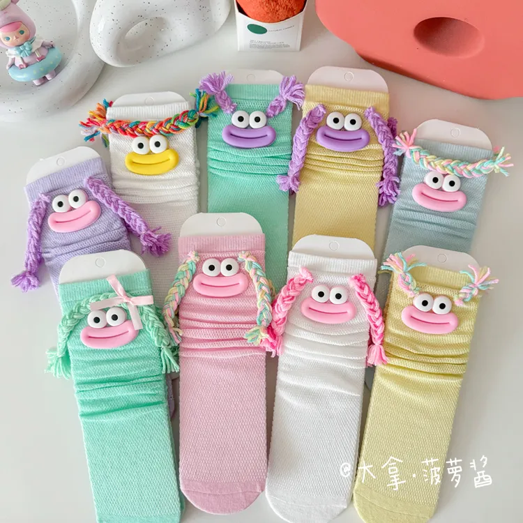 儿童夏季新品网眼袜可爱搞怪大嘴透气防蚊小腿袜中筒堆堆袜亲子袜