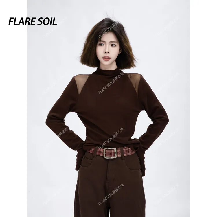 【FLARE SOIL】网纱拼接肩袖秋冬半高领插肩袖修身德绒打底 T4863A