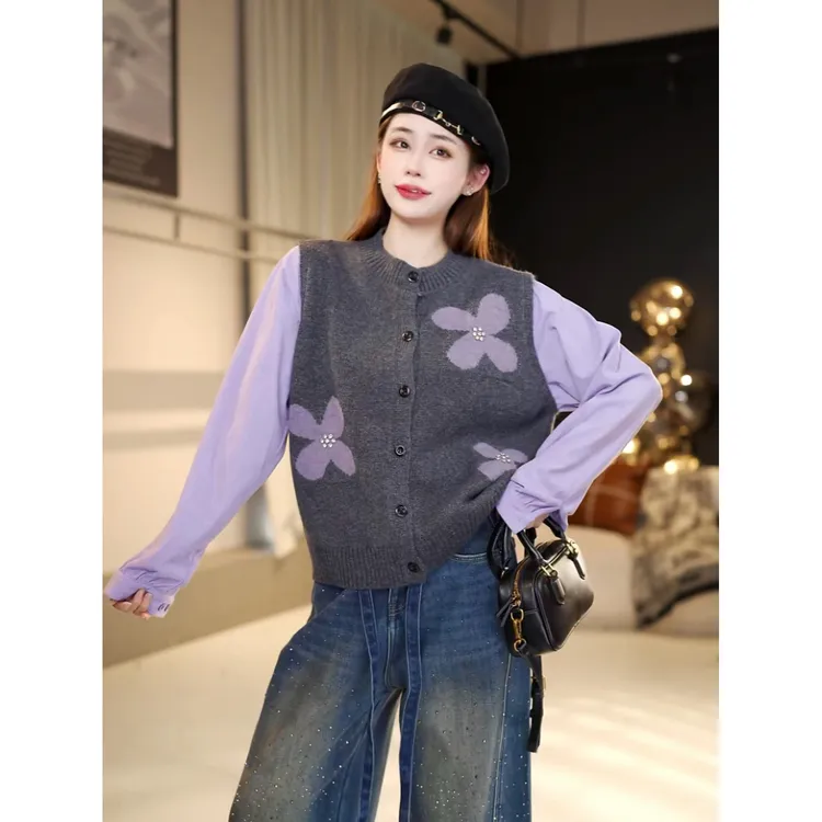 2025年冬季立体花朵假两件针织开衫女冬季宽松显瘦百搭洋气毛衣