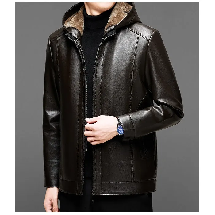 男士秋冬可脱卸帽款真皮休闲商务百搭高档加绒皮衣外套