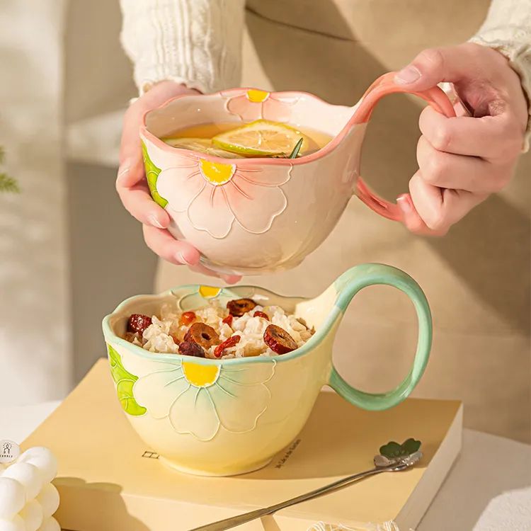 【花海曲把杯+樱花勺】纯手绘浮雕花朵陶瓷杯家用早餐杯高颜值