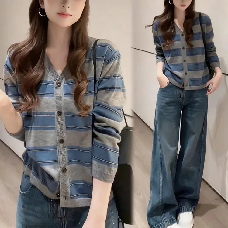 撞色条纹长袖针织开衫女秋冬新款韩系慵懒百搭高级感显瘦毛衣外套