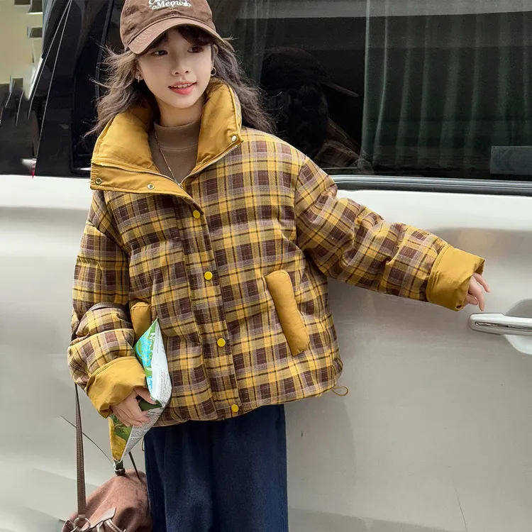女童2025新款厚款风B类格子立领棉服棉袄连帽加厚儿童衣服