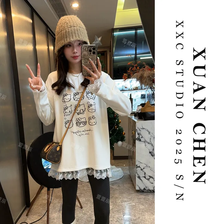 【Kitty猫】印花长袖T恤女中长款韩版时尚宽松设计感内搭打底衫9278