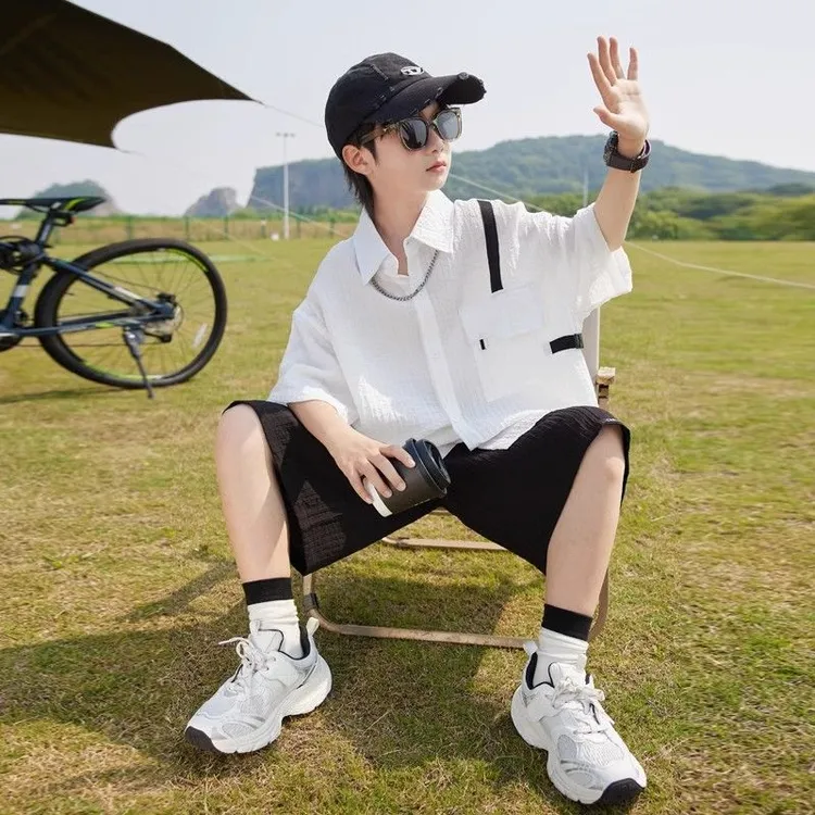 男童夏装套装2025新款儿童夏季薄款短袖衬衫两件套中大童夏款洋气
