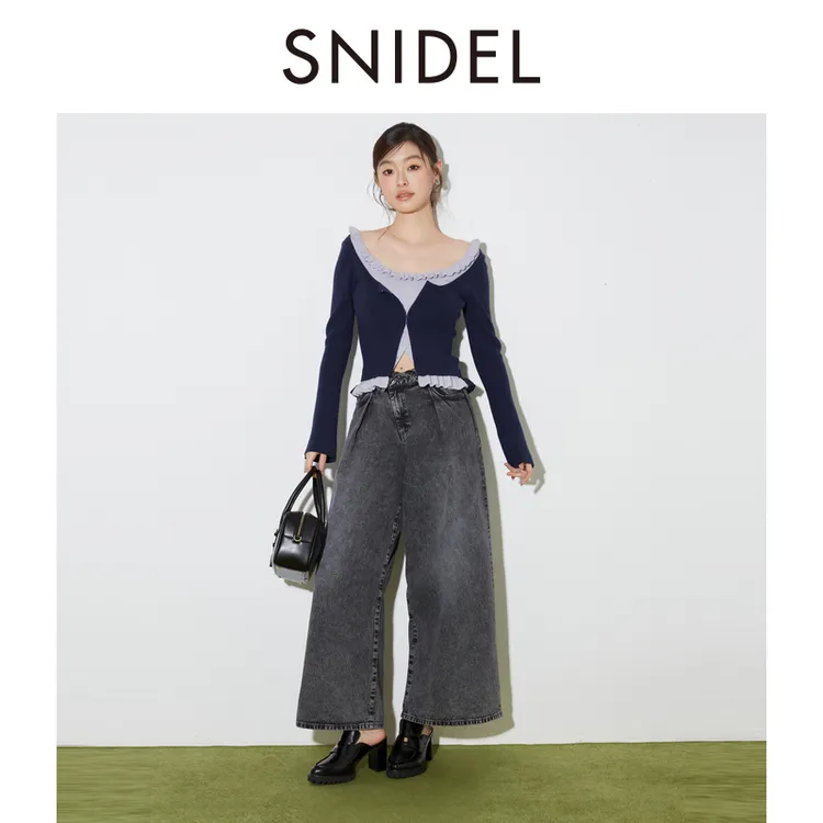 SNIDEL2025早秋新款日系花边收腰修身长袖拼色领SWNT254301