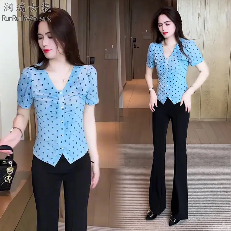 极简风T恤女装宽松型波点休闲常规款春夏常规印花夏装短袖两件套