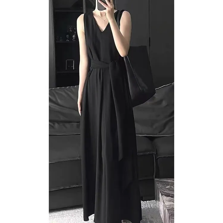 170高个子加长款脚踝拖地大码法式气质v领收腰无袖连衣裙女装