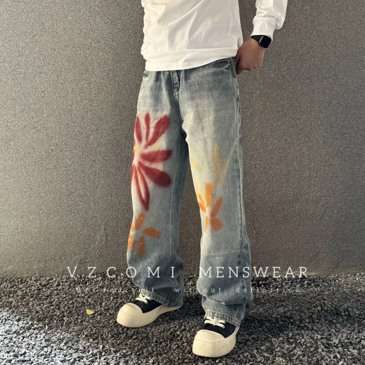 美式巴黎风设计款阔腿裤怀旧印花休闲风宽松ins牛仔裤直筒泼墨
