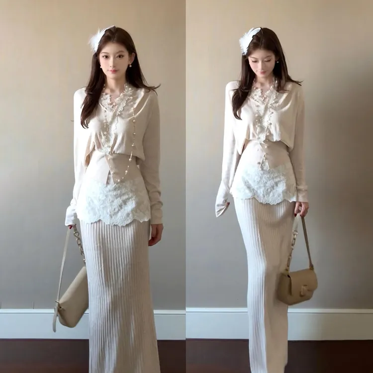 2025新款拼接v领针织连衣裙子女秋冬韩系高级感内搭打底长裙套装