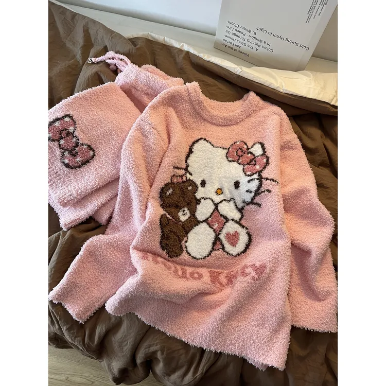 可爱甜美kt猫半边绒睡衣女冬季新款保暖加厚软糯针织家居服套装