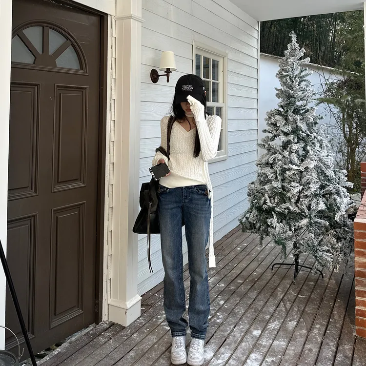 韩好甜WARDEN EDGE修腿神裤 蓝色低腰牛仔裤女春小个子修身阔腿裤