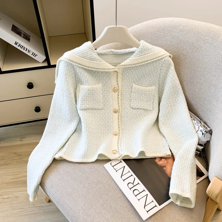 实拍 甜美海军领针织衫新款小香风设计感毛衣开衫外套气质时尚上