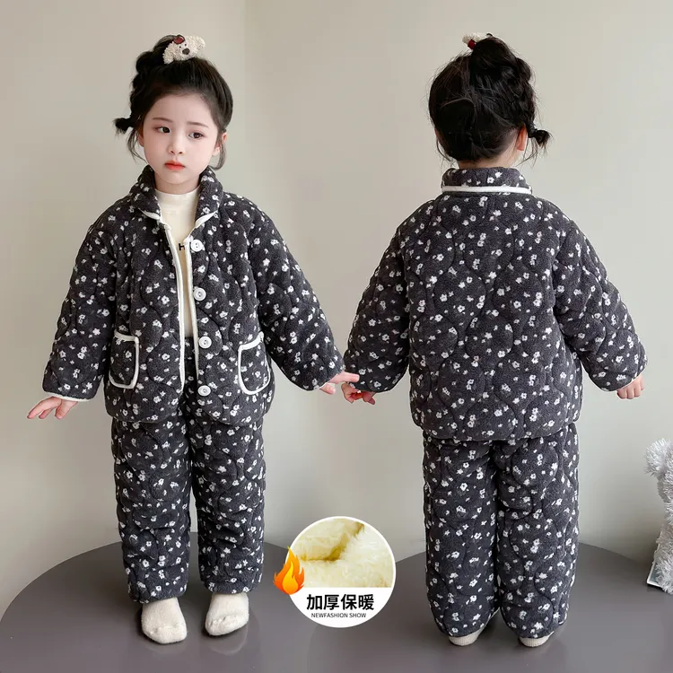 女童睡衣冬加厚珊瑚绒儿童三层夹棉法兰绒冬季家居服冬款加厚女孩
