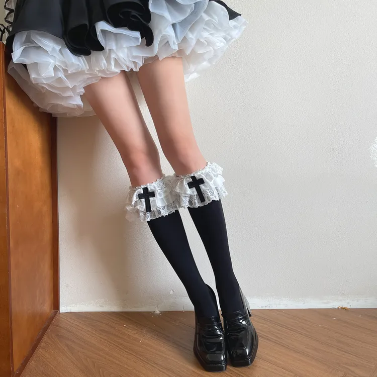 日系新品洛丽塔少女哥特式暗黑十字架萝莉蛋糕花边中筒堆堆袜女