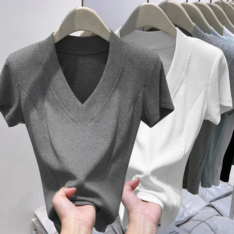 【现货速发】夏季正肩短袖t恤女修身时尚鱼骨线设计感小众V领上衣女