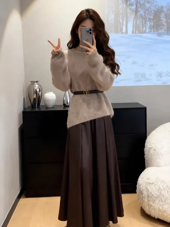 冬季一整套穿搭高级感轻熟风收腰毛衣法式复古啊a字半身裙两件套