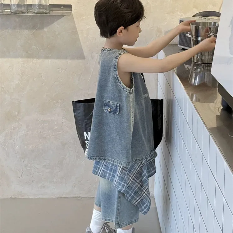 男童夏季新款背心套装2025男童韩版软牛仔牛仔背心男童夏装套装