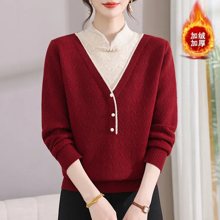 中年妈妈秋冬装保暖加厚毛衣旗袍领一体绒上衣女打底衫针织衫女