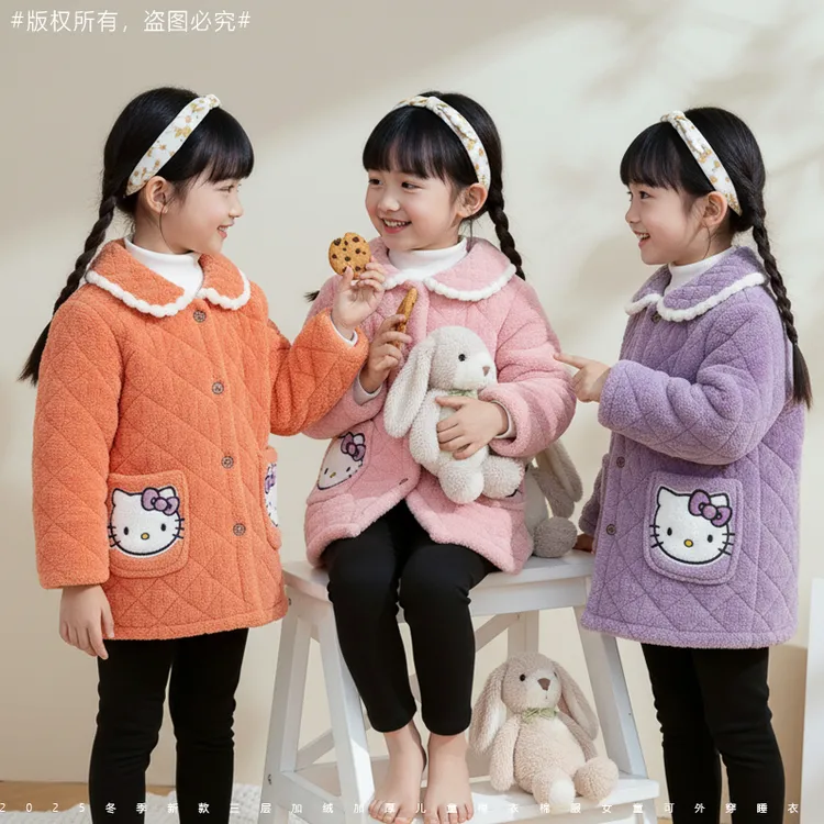 冬季新款女大童棉罩衣三层加绒加厚棉袄中长款防寒防污睡衣SY10