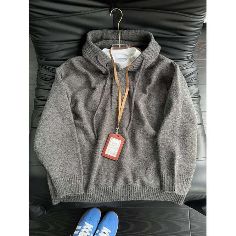 美式复古针织连帽卫衣男款秋冬设计感上衣cleanfit慵懒风针织毛衣