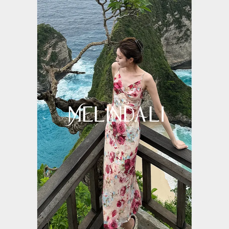 Melinda Li【精灵坠崖】度假印花V领纽结斜裁收腰显瘦吊带裙连衣裙