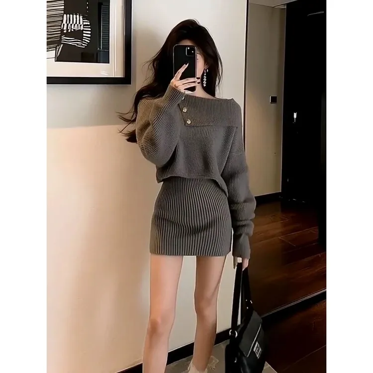 Y217小个子小心机包臀灰色一字领毛衣短裙内搭打底针织连衣裙裙子