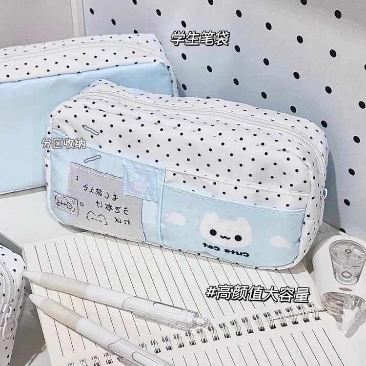 ins薄荷蓝波点猫笔袋大容量铅笔盒多层高颜值小众痛包文具袋qt