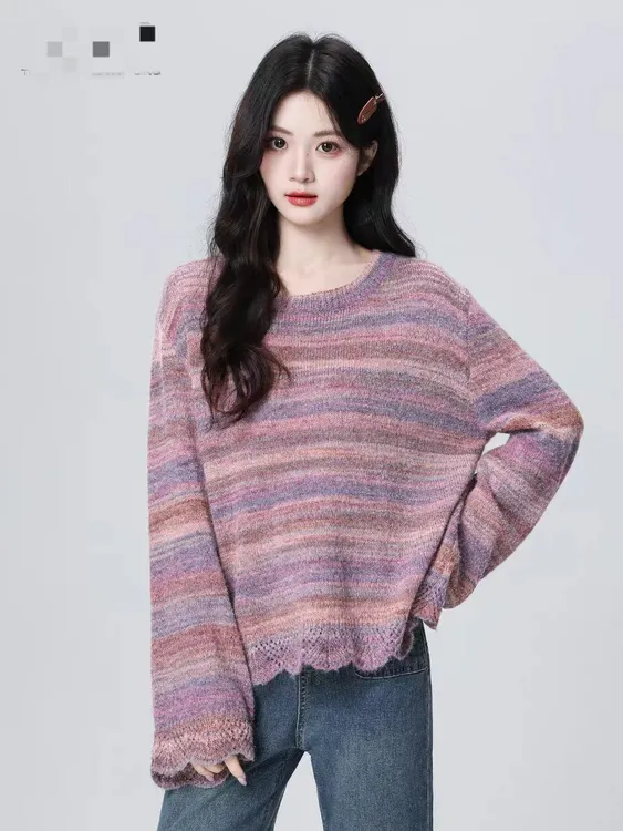 紫色条纹圆领毛衣女春秋2025秋季新款宽松慵懒套头针织衫上衣H862