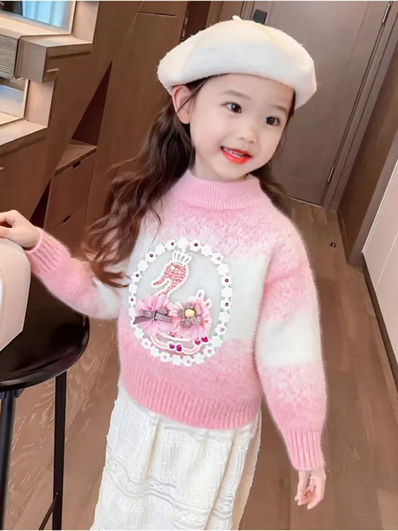 女童毛衣2025秋冬新款天鹅高品质针织衫女宝卡通洋气套头毛衫上衣