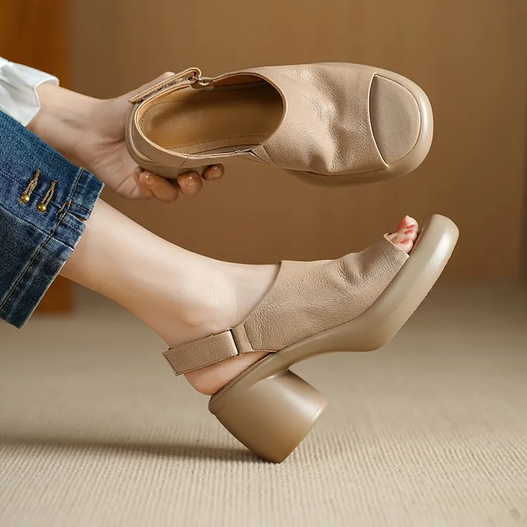 法式厚底漏趾凉鞋女2025新款夏季真皮粗跟百搭女士凉鞋配裙子高跟