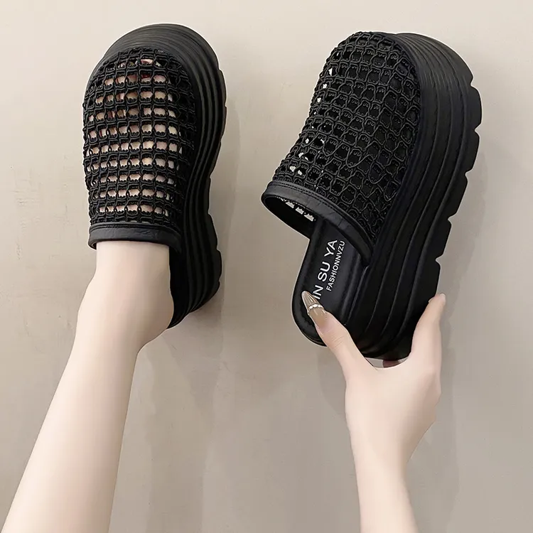 高跟时尚外穿镂空透气编织包头拖鞋女2025夏季新款厚底配裙子凉拖