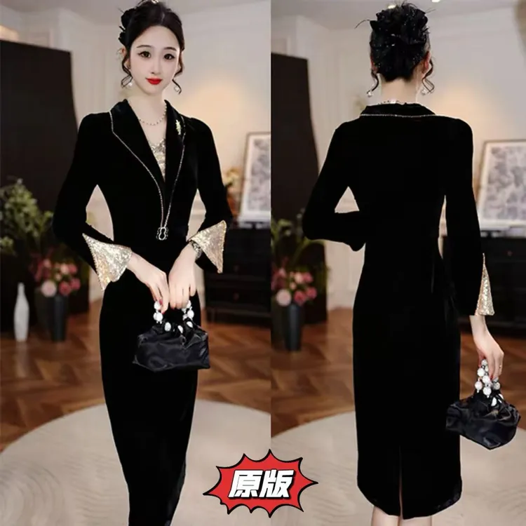 [黑金奢韵]高档丝绒时尚连衣裙2025秋季新款显瘦洋气轻奢减龄裙子