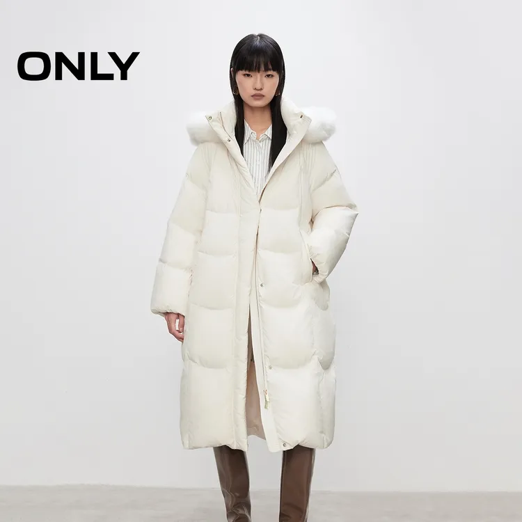 ONLY2025冬季新款白鹅绒长款茧型毛领连帽羽绒服女|125412005