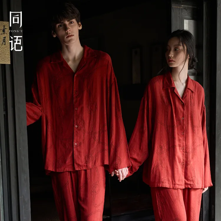 同语新款红色情侣睡衣女款秋冬季梭织棉纱长袖长裤结婚家居服套装
