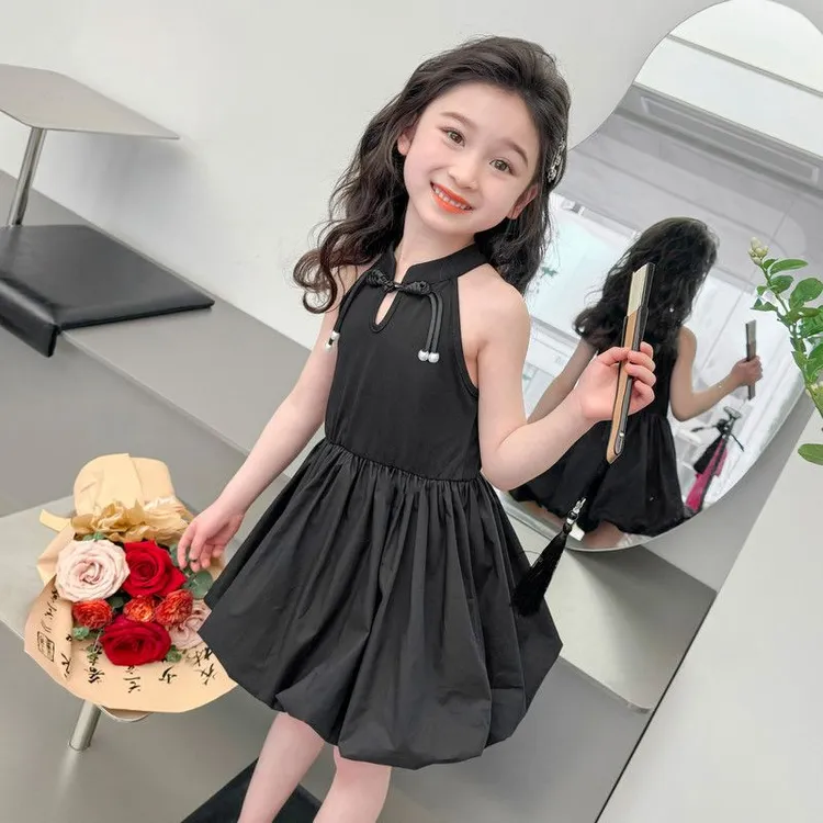 女童盘扣挂脖背心裙女宝宝夏季新款2025收腰花苞裙儿童洋气连衣裙