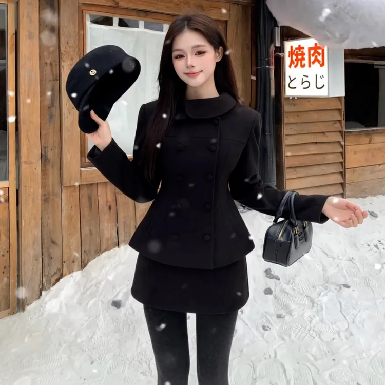 2025新款小个子香风黑色西装连衣裙子女秋冬季穿搭赫本风短裙套装