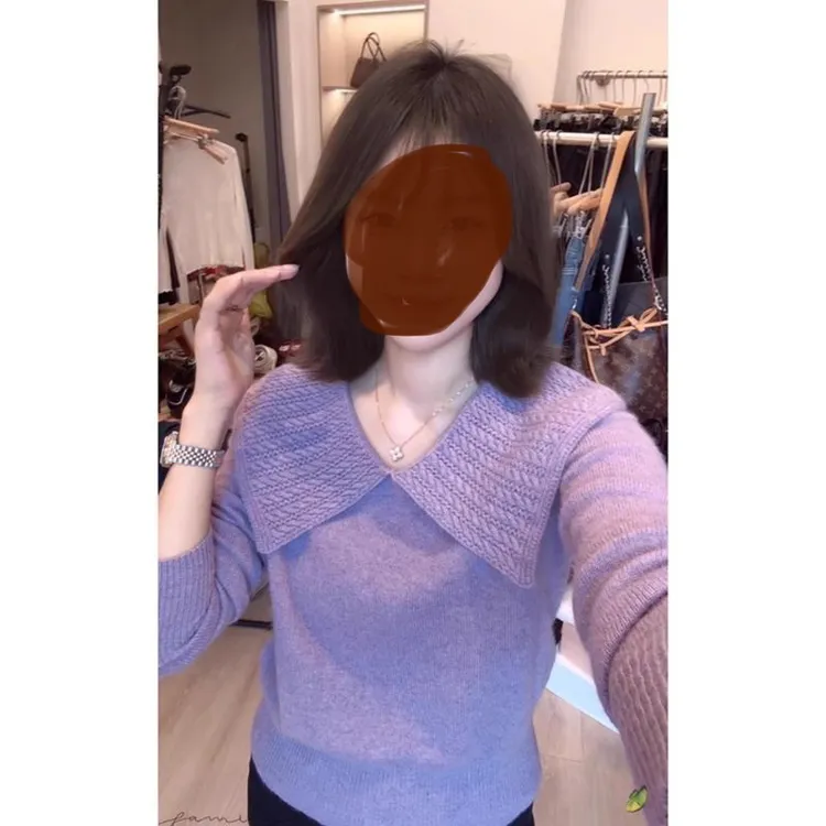 百搭秋季拼接娃娃领女毛针织衫针织慵懒风落肩袖春季