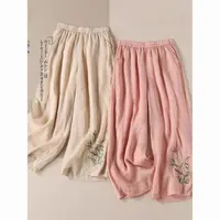【清货+运费险】棉麻休闲裤绣花阔腿直筒文艺复古民族显瘦裤V345