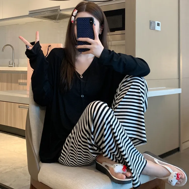睡衣女春秋季长袖莫代尔韩版条纹可外穿休闲慵懒网红风家居服套装
