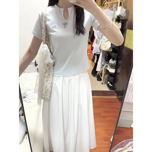 韩系纯色设计感V领修身短袖T恤女新款收腰正肩小上衣半身裙套装