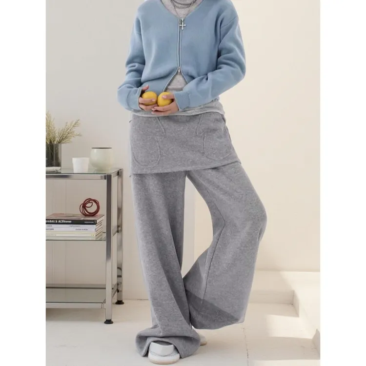 灰色假两件设计小众宽松休闲卫裤女秋冬加厚保暖屁帘个性百搭裙裤