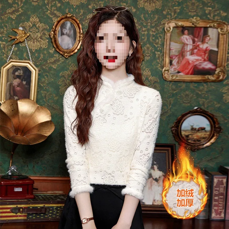 加绒加厚蕾丝冬季修身打底衫女2025新款秋冬保暖感新中式内搭上衣