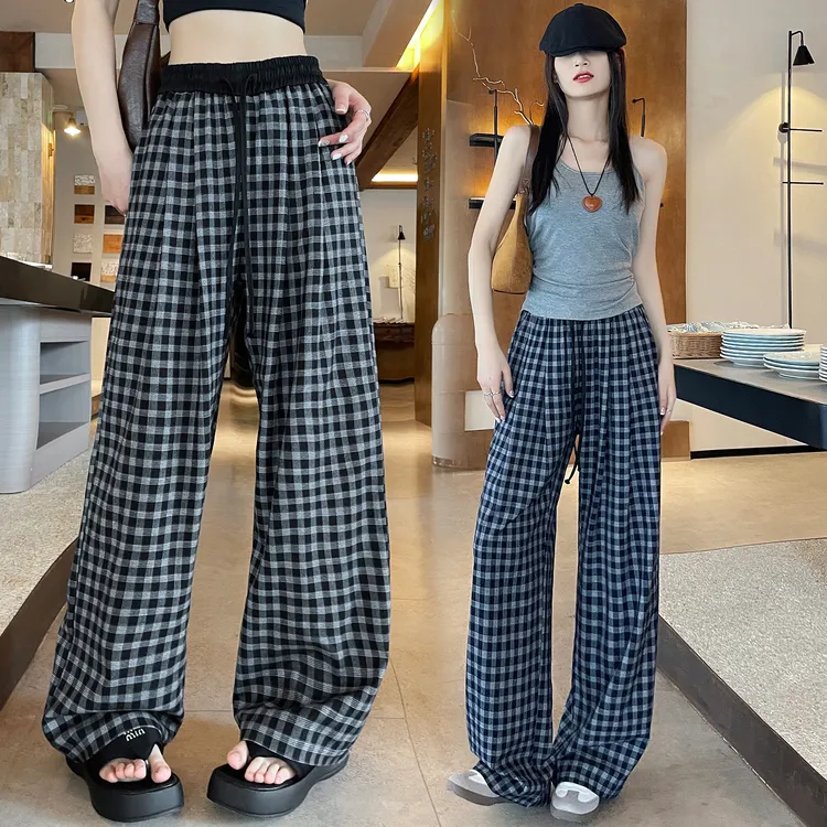 2025秋季慵懒感复古经典格纹拼接腰头休闲裤女百搭抽绳拖地裤长裤