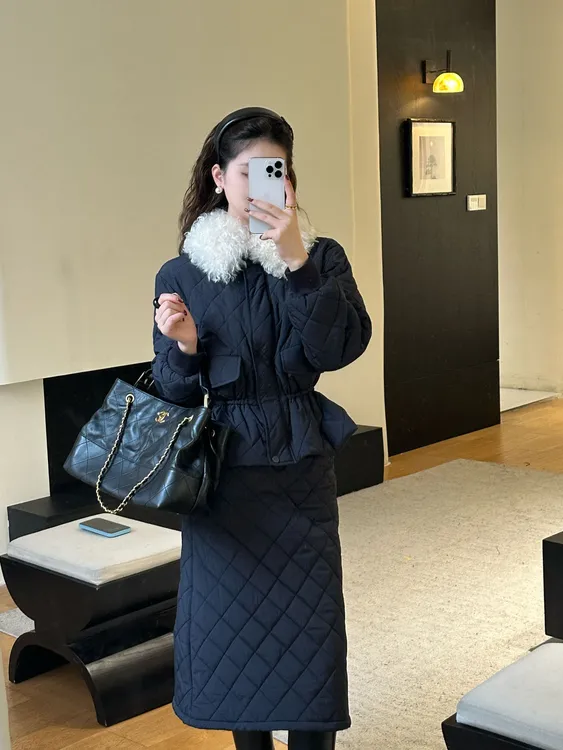 LUOZHIYIN/罗知音C313439F设计感菱形棉服+半身裙时尚套装