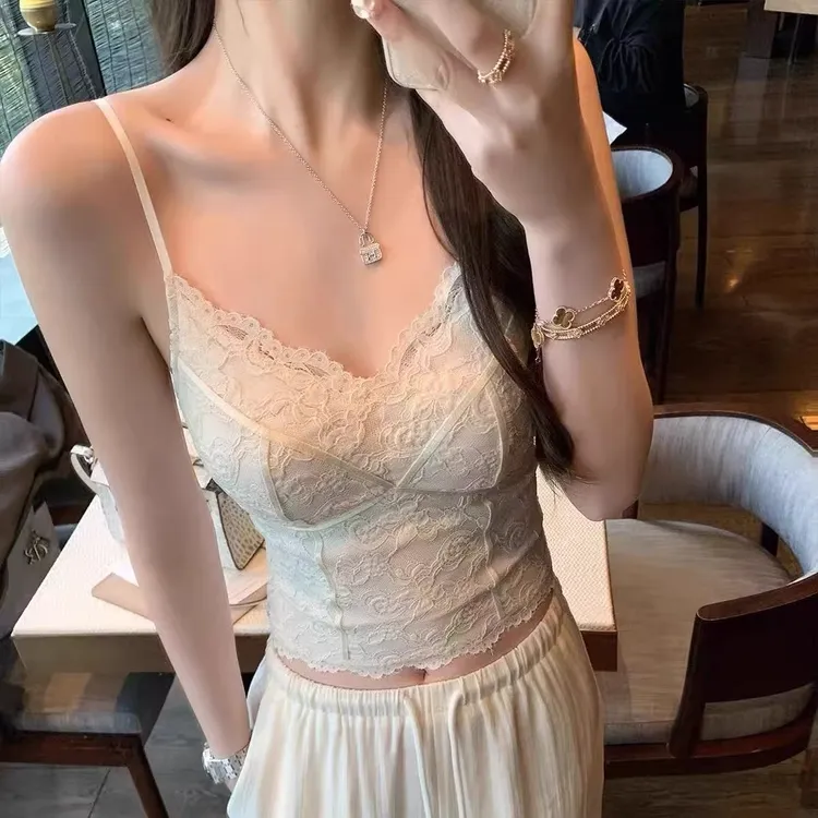 纯欲辣妹小吊带背心女外穿夏内搭打底带胸垫鱼骨胸衣蕾丝上衣性感