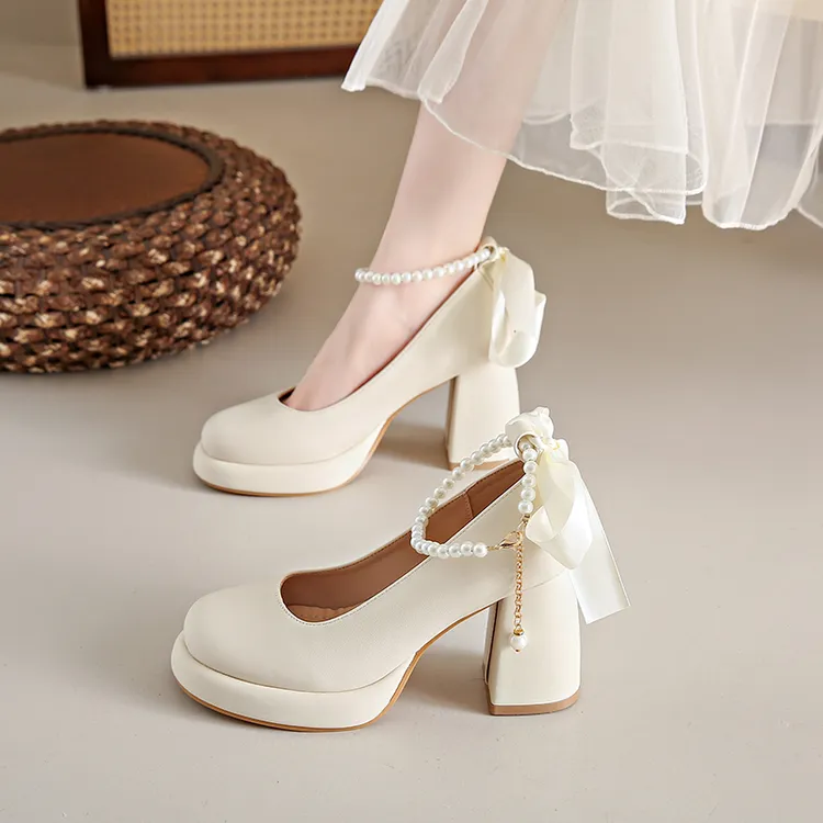 大码婚鞋女玛丽珍高跟鞋2025新款春季粗跟浅口气质单鞋法式坡跟鞋